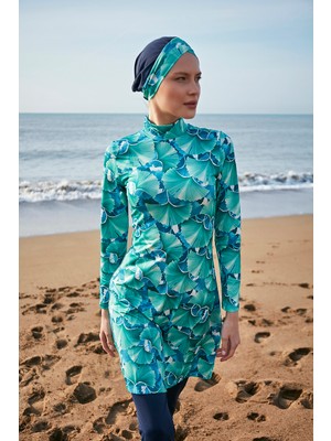 Remsa Mayo Tasarım Tam Kapalı Tesettür Mayo Koyu Lacivert Su İtici Özellikli Üst Tunik Alt Tayt Hawaii R039