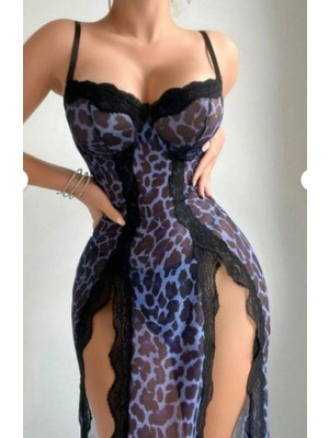albonse Mavi Leopar Hayvan Desenli Şık Uzun Derin Yırtmaçlı ve Dantel Detaylı Fantezi Gecelik Takımı