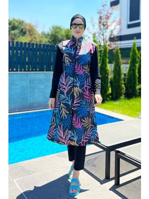 Remsa Mayo Remsa Tam Kapalı Tesettür Mayo R4404 Yaren Siyah Desenli Esnemez Polyester Kumaş Kadın