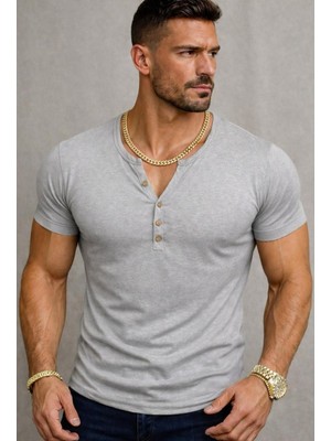 Bybülent Özel Üretim açık gri Henley Yaka Düğmeli Açık Geniş Yaka Tişört T-Shirt