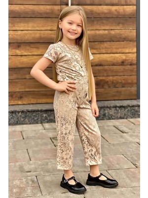 Riccotarz Kız Çocuk Boydan Üzeri Dantel Işlemeli Şeffaf Tül Içi Astarlı Bej Tulum