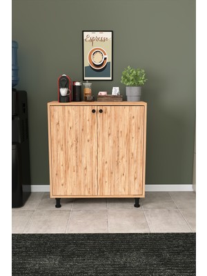 Dekorfim DF13101 Lotus 2 Kapaklı Çok Amaçlı Mutfak Dolabı Kiler Kahve Köşesi Raflı Modern Depolama Dolabı Atlantik Çam