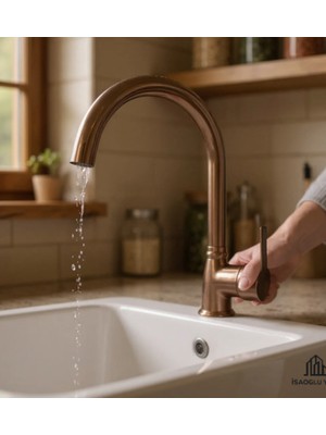 İsaoğlu Yapı Mat Bakır Mutfak Bataryası Fırçalanmış Bakır Eskitme Evye Armatür