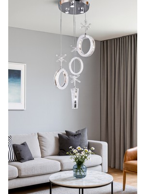 Normadia Modern 4'lü LED Avize, Krom Kristal Görünüm, Beyaz Işık, Enerji Tasarrufu