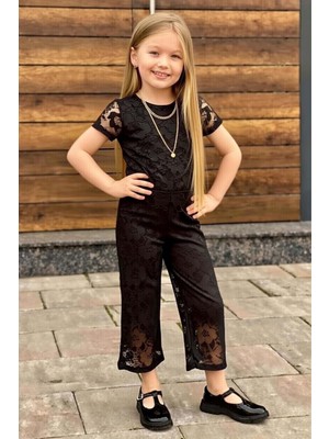 Riccotarz Kız Çocuk Boydan Üzeri Dantel Işlemeli Şeffaf Tül Içi Astarlı Siyah Tulum