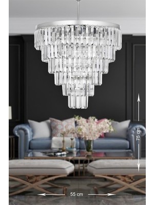 Normadia 55 cm Kristal Cam Taşlı Lüks Avize, Gümüş Yaldız