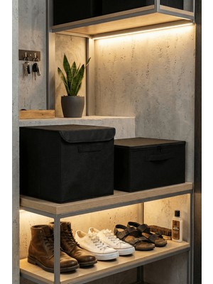 HomyJRs Homyjr’s 2’li Saklama Seti (Kare Kapaklı Kutu + Dikdörtgen Fermuarlı Kutu) Antre & Dolap Organizer - Siyah