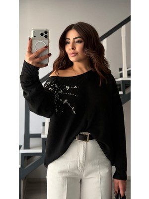 Oslove Siyah Kayık Yaka Taş Işlemeli Kazak