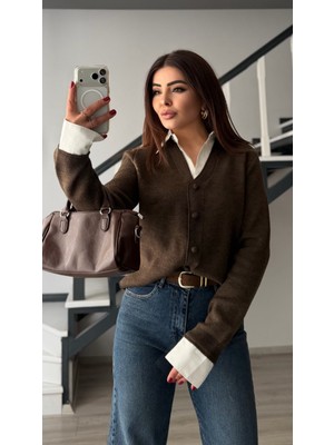 Oslove Kahve Melanj Gömlek Yaka Hırka Görünümlü Kazak