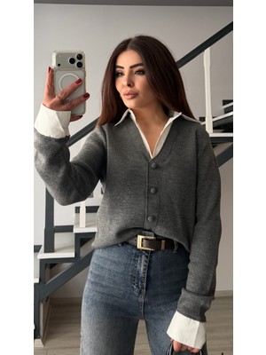 Oslove Antrasit Gömlek Yaka Hırka Görünümlü Kazak