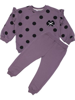 by BebekOdam Kız Çocuk Mor Siyah Puantiyeli Kolları Fırfırlı Ikili Takım - 1016437