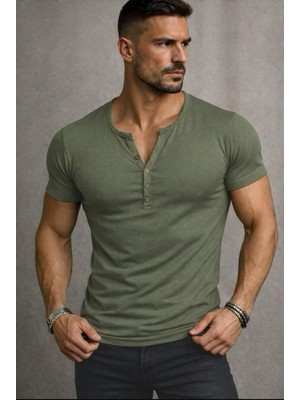 Bybülent Özel Üretim haki yeşil Henley Yaka Düğmeli Açık Geniş Yaka Tişört T-Shirt