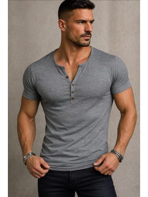 Bybülent Özel Üretim gri Henley Yaka Düğmeli Açık Geniş Yaka Tişört T-Shirt