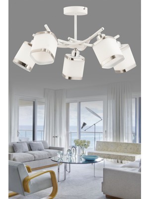 Normadia 5'li Beyaz Krom Camlı Plafonyer Avize, Salon ve Yatak Odası Için