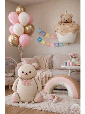 Joyane Ponçik Ayı Retro Gökkuşağı Balon Konsepti | Krem Ayıcık, Kek & Altın Pembe Pastel Set