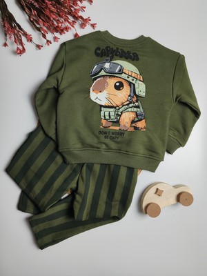 Moda Rüyası Capybara Yeşil Erkek Çocuk Sweatshirt Eşofman Takımı