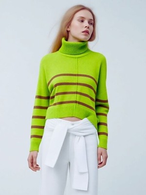 Trendseninle Kadın Fıstık Yeşili Boğazlı Vizon Çizgili Önü Biyeli Triko Kazak