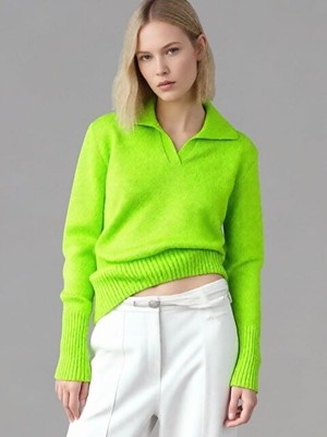 Trendseninle Kadın Fıstık Yeşili Relax Yaka Triko Kazak