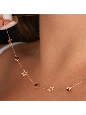 Hakan Mücevherat Kırmızı Taşlı Yıldız  Minimal 14 Ayar Altın Kolye