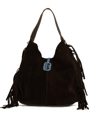 Bagmori Kahverengi Hakiki Süet Deri Püsküllü Mini Salaş Çanta