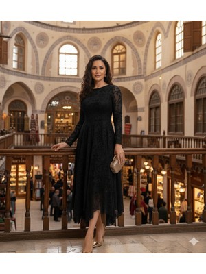 Uzer Kadın  Tül Üzeri Flok Baskılı Asimetrik Kesim Abiye Elbise,günlük Elbise