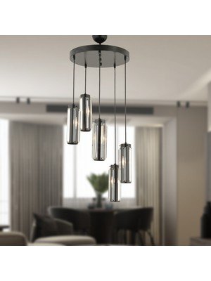 Normadia Şık Siyah Kristal Modern Salon Sarkıt Avize, 5'li Paket