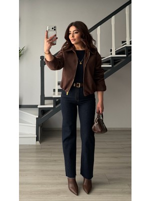 Oslove Lacivert Süet Kemerli Likralı Straight Jean