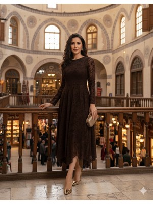 Uzer Kadın  Tül Üzeri Flok Baskılı Asimetrik Kesim Abiye Elbise,günlük Elbise