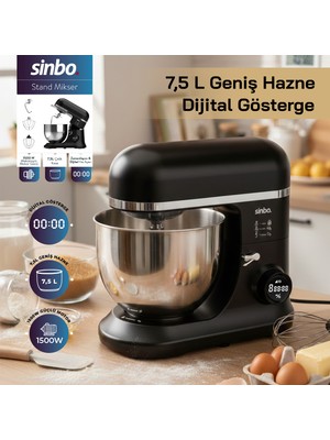 Sinbo SMX-2773 Dijital Ekranlı 1500W Zaman Ayarlı Stand Mikser 7.5 lt Metal Hazne Özellikli