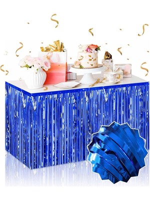 Lokiboo Kendinden Yapışkanlı Mavi Metalize Püsküllü Masa Eteği – 75 x 275 cm Parti Süslemesi