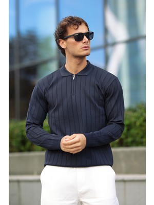Aziso Erkek Polo Yaka Yarım Fermuarlı Triko Kazak