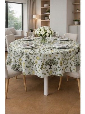 Rona Home Özel Tasarım Zeytin Desenli Yuvarlak Masa Örtüsü - Yıkanabilir Solmaz Kaliteli Lüks Kumaş