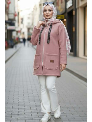İmaj Butik Pudra Kapşonlu Fermuarlı Buklet Ceket