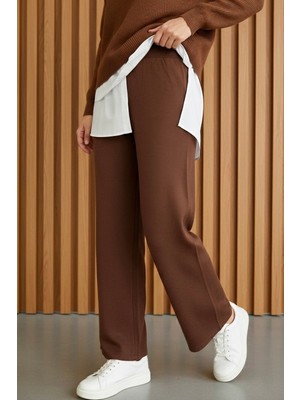 İmaj Butik Kahverengi Yüksek Bel Bol Paça Triko Pantolon