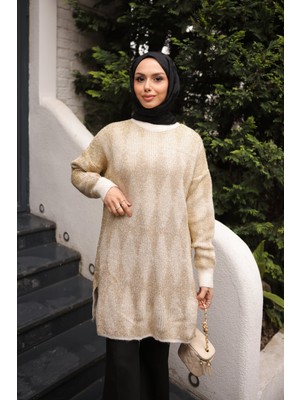 İmaj Butik Krem Bisiklet Yaka Simli Triko Kazak