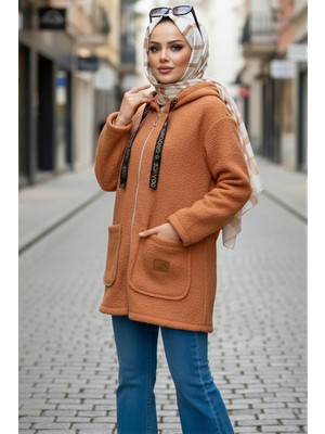 İmaj Butik Camel Kapşonlu Fermuarlı Buklet Ceket