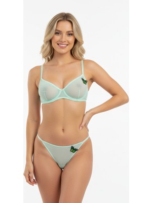 Bonbon Kadın Kelebek Figürlü Tül Transparan Balenli Yeşil Renk Sütyen ve String 2'li Takım BB2207