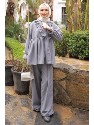 İmaj Butik Gri Yaka Fırfırlı Tunik Pantolonlu Takım