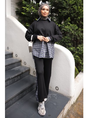 İmaj Butik Siyah Sweat Gömlek Pantolonlu 3'lü Kombim Takım