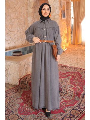 İmaj Butik Füme Kol Lastikli Kemerli Kot Elbise
