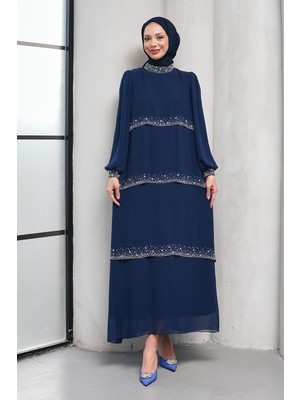 İmaj Butik Lacivert Yakası ve Katları Taş Detaylı Şifon Abiye