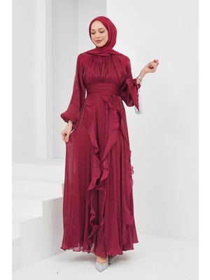 İmaj Butik Bordo Önü Drapeli Kol Bağlamalı Abiye