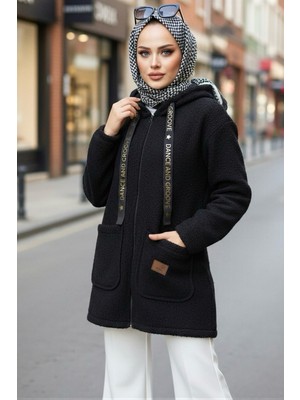 İmaj Butik Siyah Kapşonlu Fermuarlı Buklet Ceket