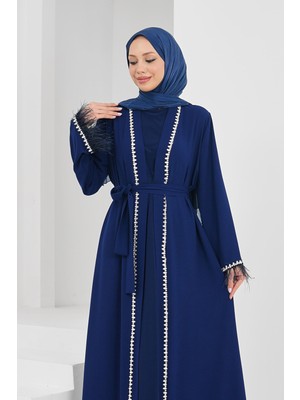 İmaj Butik Saks Mavi Kolları Tüğlü Taş Detaylı Kuşaklı Abaya