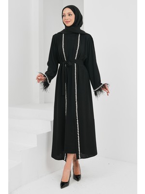 İmaj Butik Siyah Kolları Tüğlü Taş Detaylı Kuşaklı Abaya