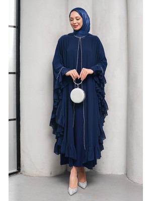 İmaj Butik Lacivert Taş Detaylı Fırfırlı Ikili Abaya Takım