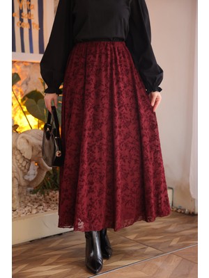 İmaj Butik Bordo Bel Lastikli Astarlı Flok Baskılı Tül Etek