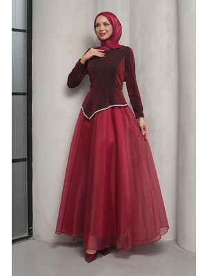 İmaj Butik Bordo Taş Detaylı Tasarım Abiye