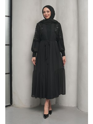 İmaj Butik Siyah Boncuk Işlemeli Ikili Abaya Takım