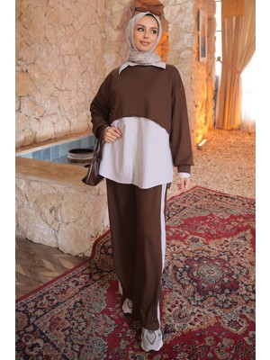 İmaj Butik Kahve Krem Sweat Gömlek Pantolonlu 3'lü Kombim Takım